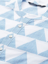 Men White & Blue Stripe Printed Straight Kurta With Pyjama