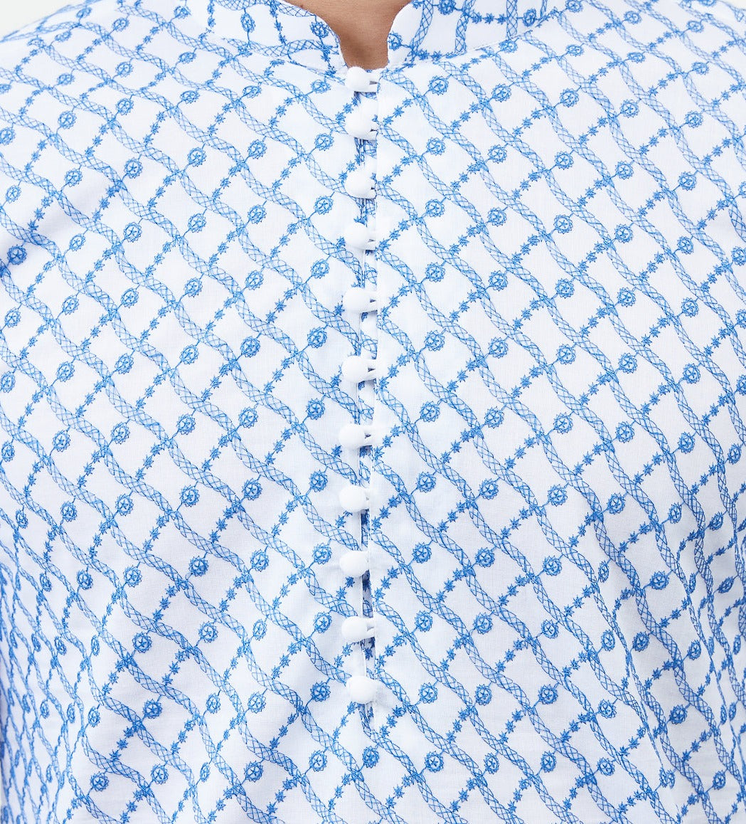 Men White And Blue Cross Pattern Chikankari Embroidered Cotton Kurta