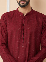 Men Dark Maroon Embroidered Thread Work Sequin Chanderi Silk Straight Kurta