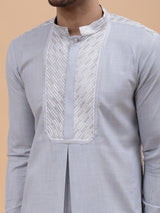 Men Grey Zari Work Silk Woven Design Straight Kurta With pyjama