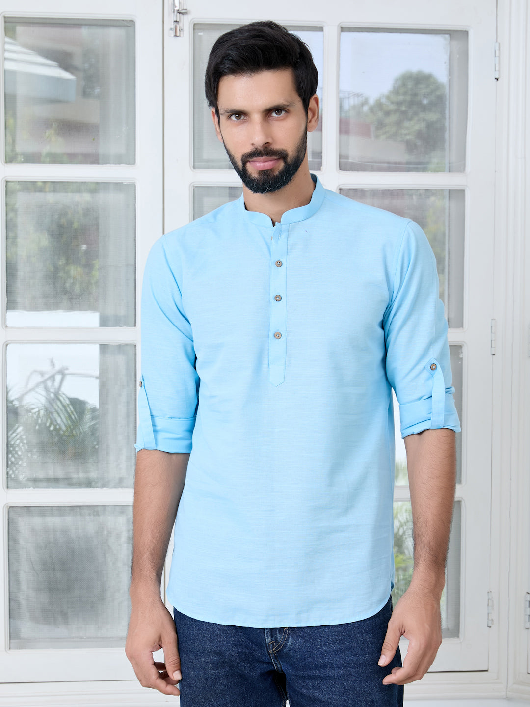 Men Pack Of 2 Turquoise Blue & Navy Blue Cotton Solid Short Kurta
