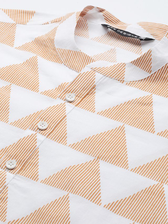 Men White & Yellow Stripe Printed Straight Kurta With Pyjama