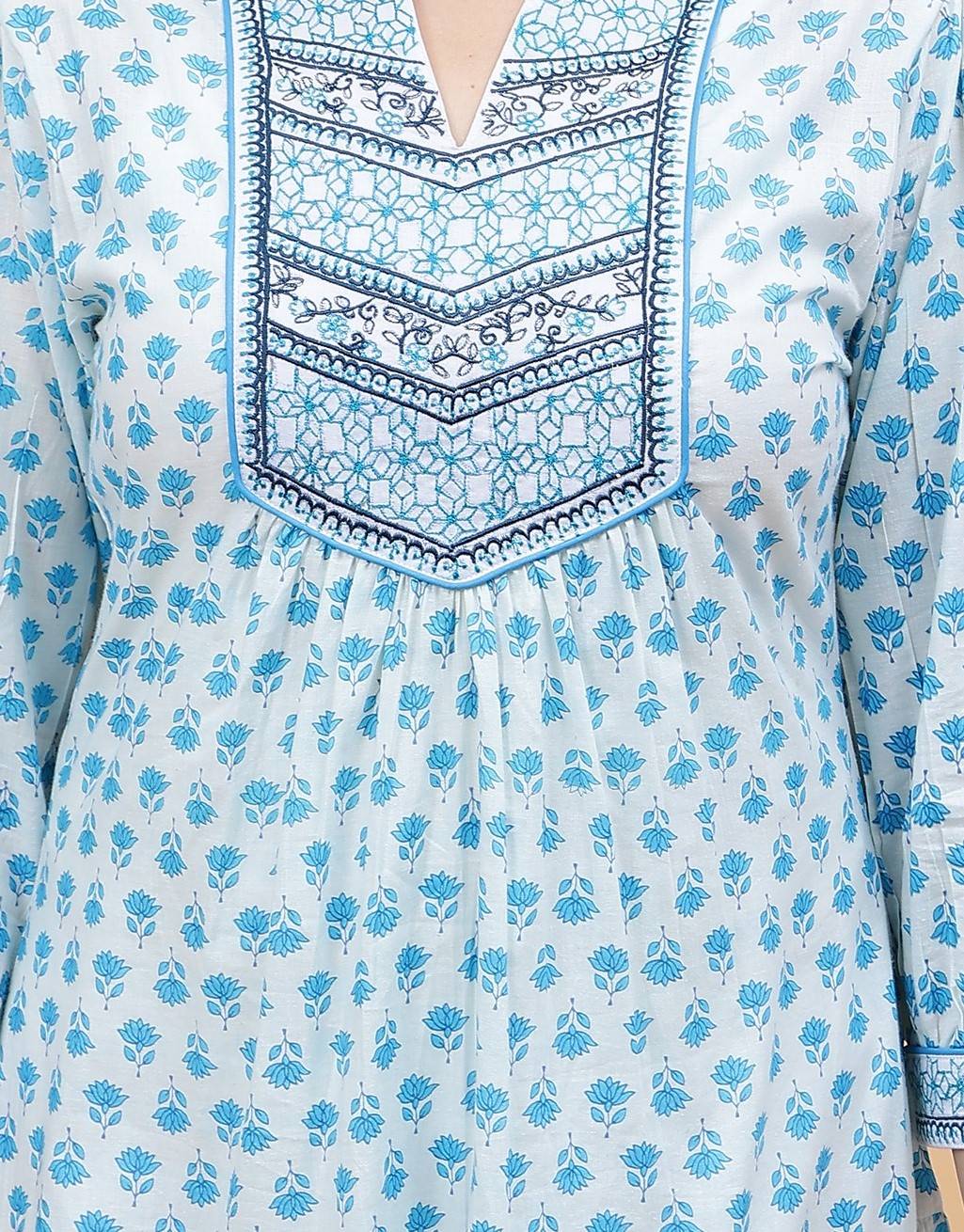 Women Light Blue with Blue Floral Pattern Yoke Design Embroidery Cotton Kurti