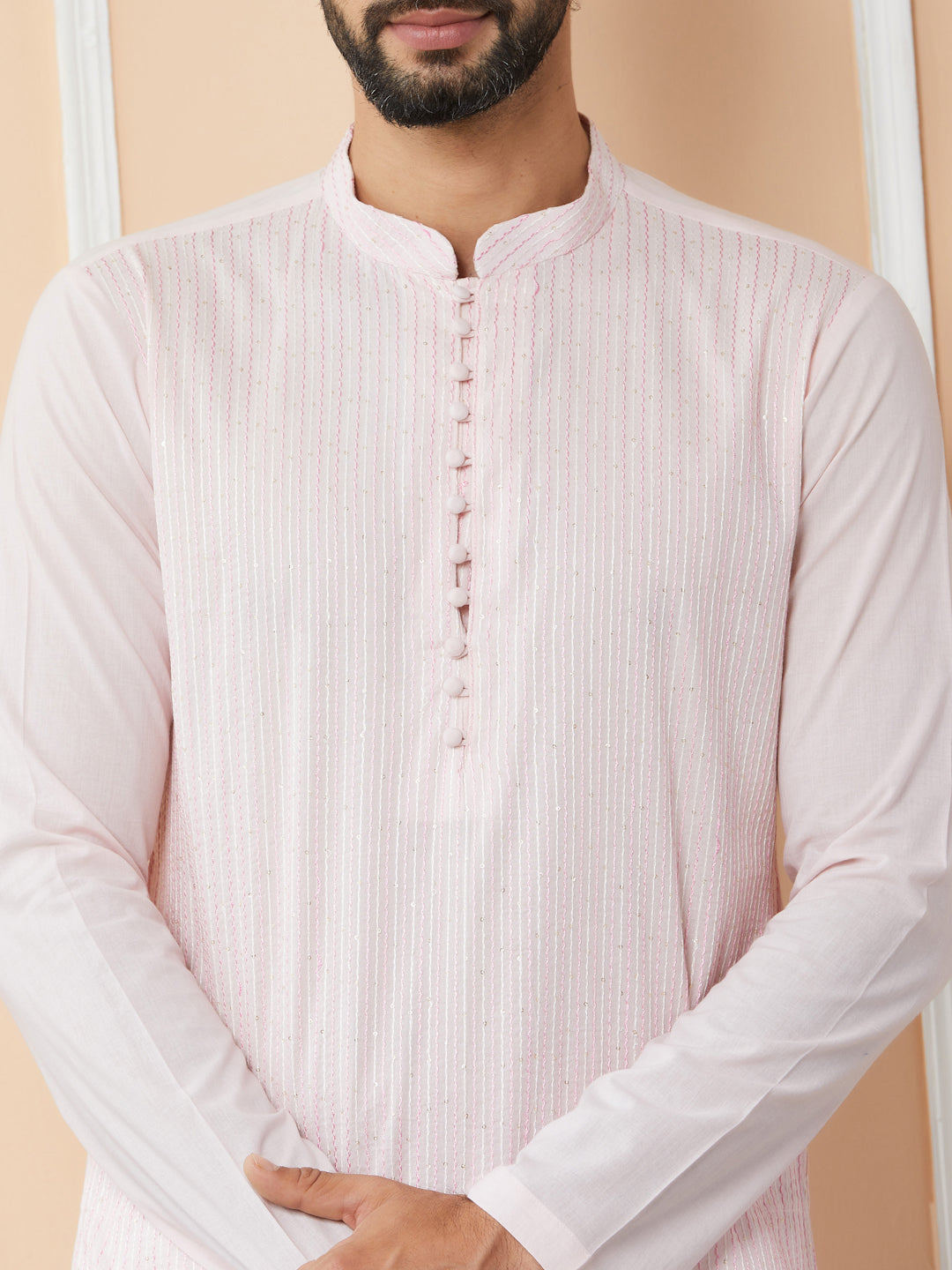 Light Pink Thread & Sequins Worked Pure Cotton Straight Kurta with Pyjama