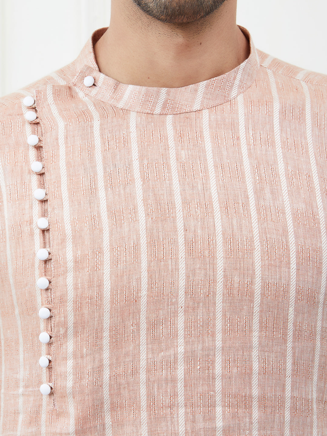 Men Peach Thread Work Cotton Kurta Set