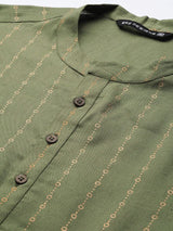 Men Green & Gold Stripe Printed Straight Kurta With Pyjama