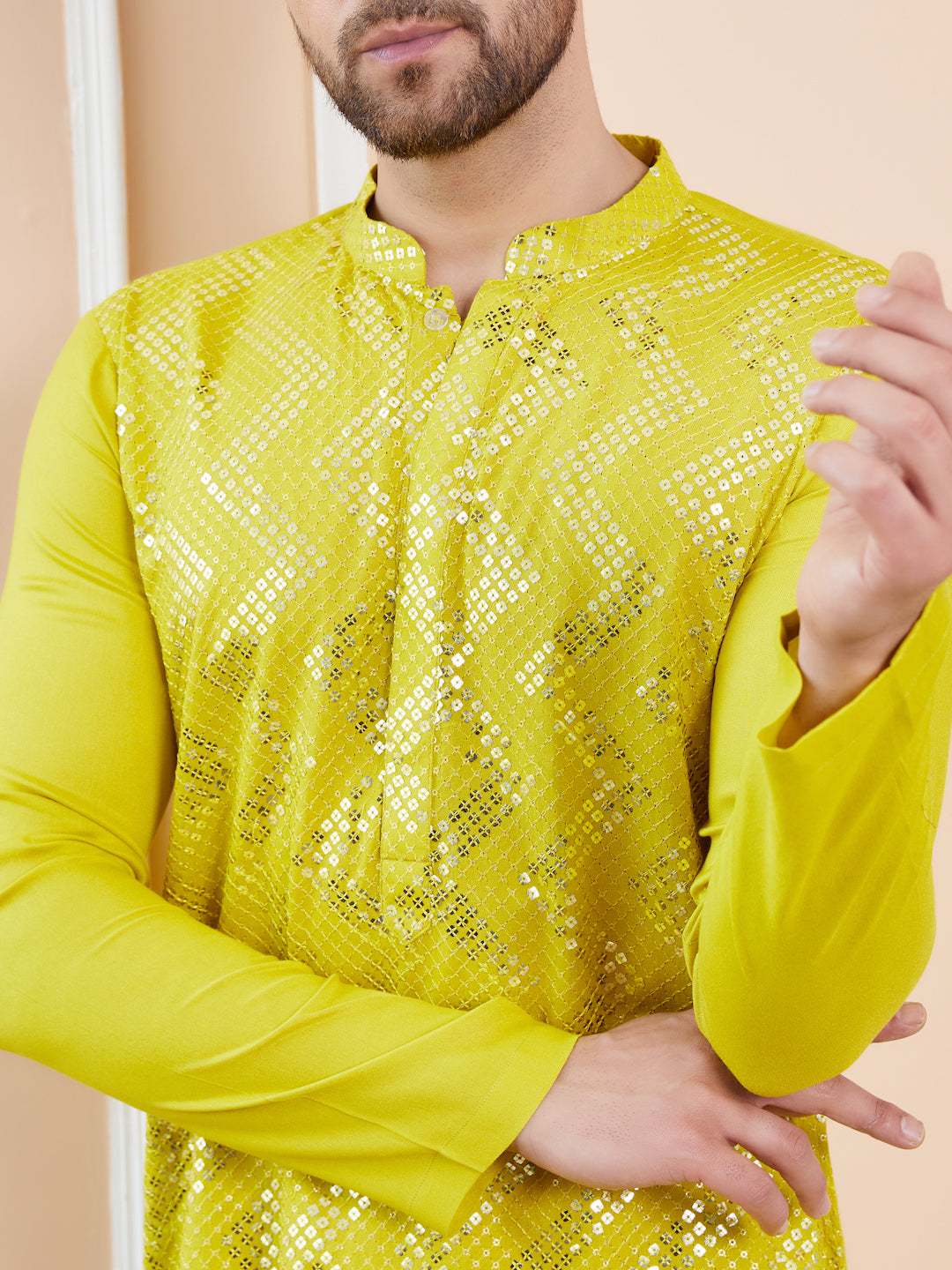 Men Lime Green And Gold Rayon Embroidery Sequins Kurta With Pyjama