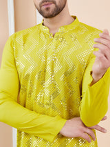 Men Lime Green And Gold Rayon Embroidery Sequins Kurta With Pyjama