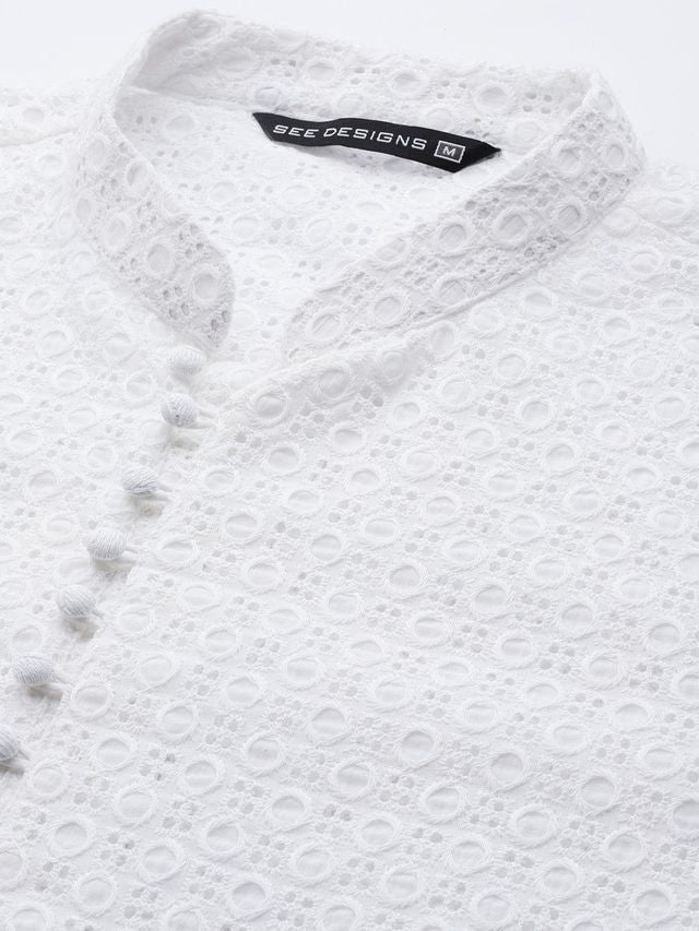 Men White Embroidered Chikankari Pure Cotton Straight Kurta With Pyjama