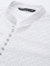 Men White Embroidered Chikankari Pure Cotton Straight Kurta With Pyjama