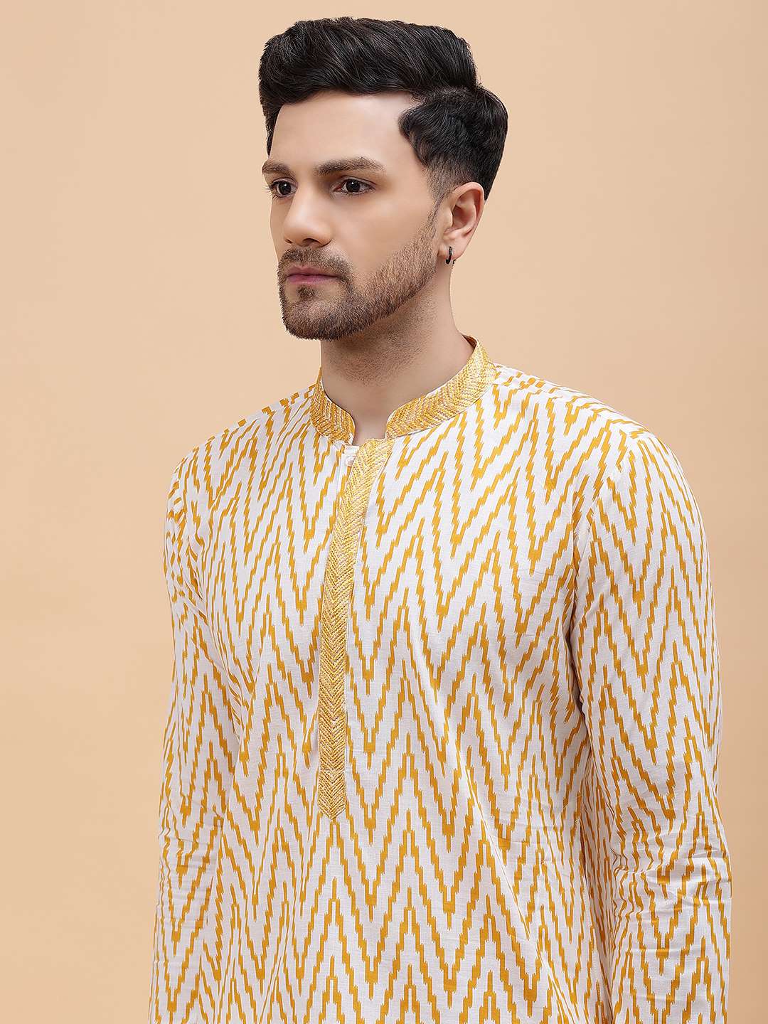 Men Off White & Mustard Pure Cotton Embroidered Straight Kurta