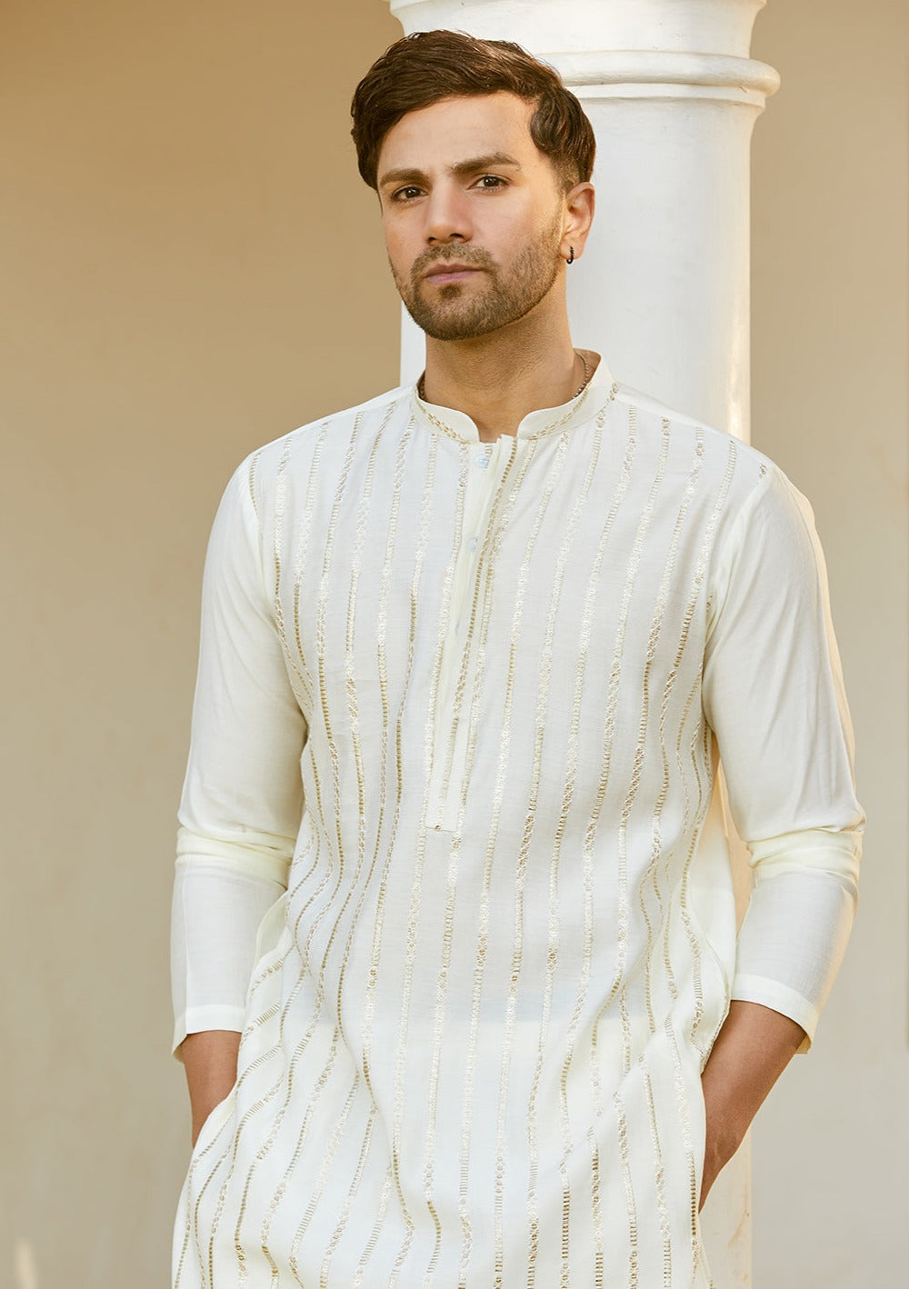 Men Off White And Golden Glimmer Chanderi Silk Sequins Kurta