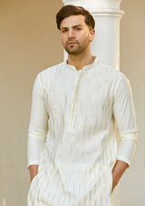 Men Off White And Golden Glimmer Chanderi Silk Sequins Kurta