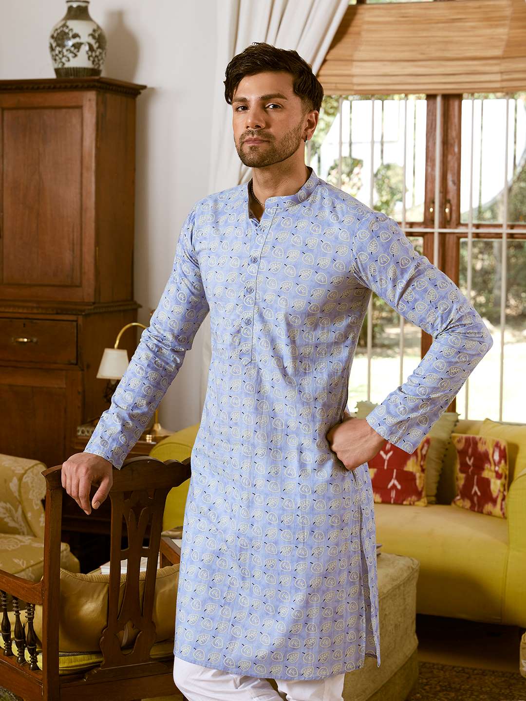 Men Sky Blue And White Cotton Leaf Print Straight Kurta With Pajama