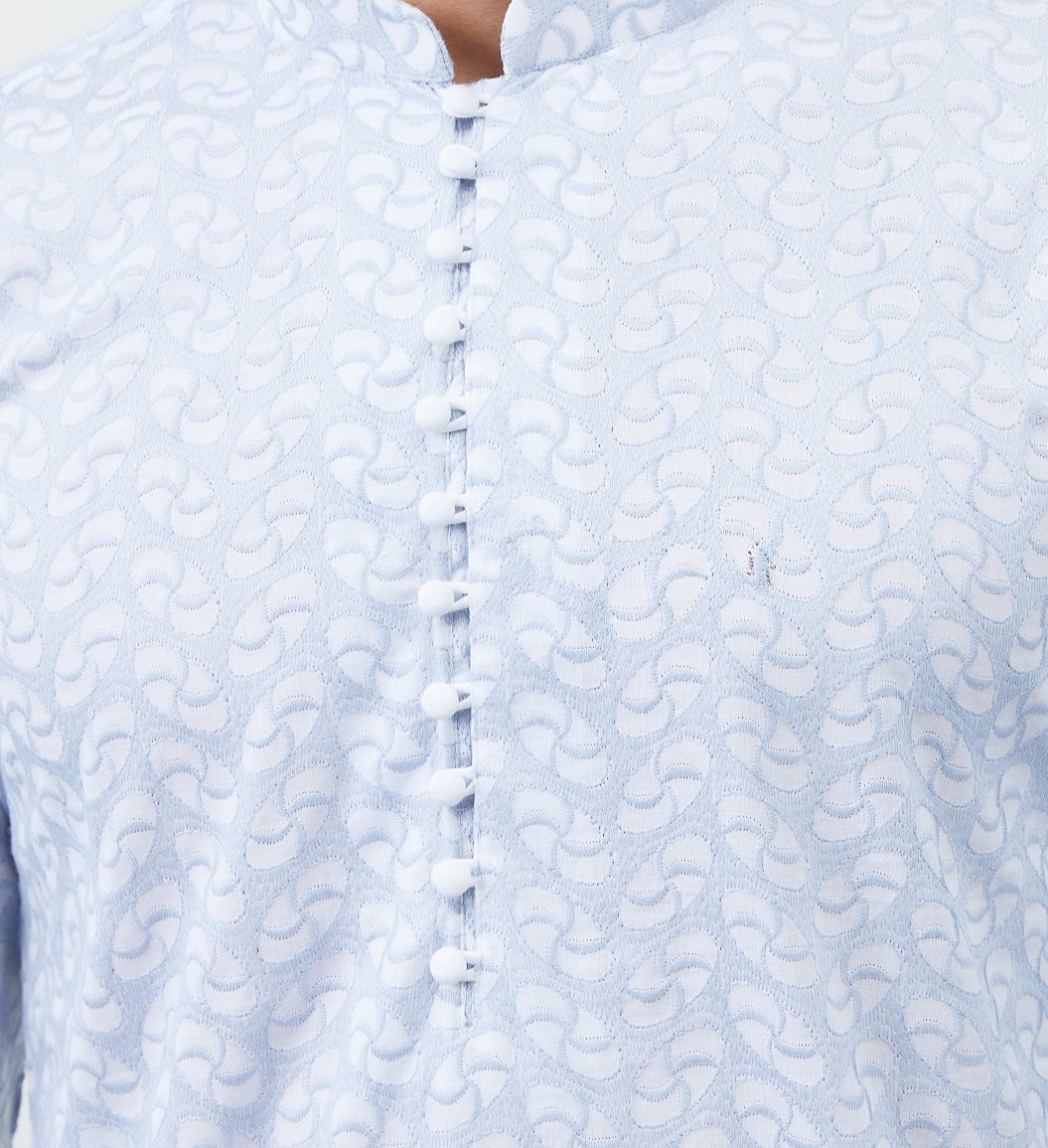 Men Blue And White Chikankari Embroidered Cotton Kurta