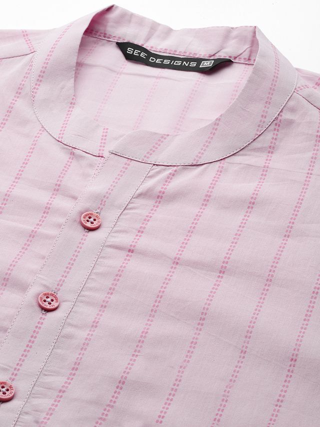 Men Pink & Maroon Stripe Printed Straight Kurta With Pyjama