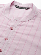 Men Pink & Maroon Stripe Printed Straight Kurta With Pyjama