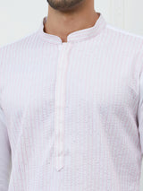 Men White Cotton Pink Thread Work & Sequence Kurta