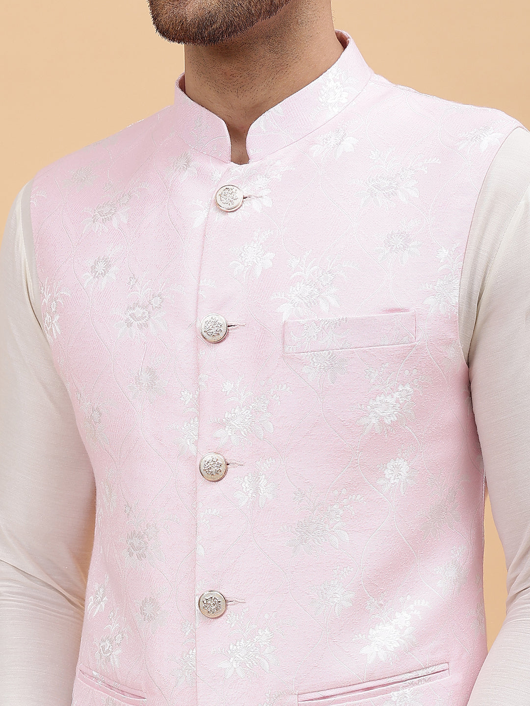 Men Pink & Gold Woven Design Jacquard Nehru Jacket