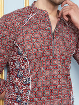 Men Maroon and Black Printed Kurta With pyjama