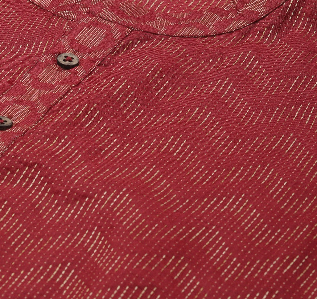 Men Maroon & Beige Wave Woven Design Thread Work Kurta