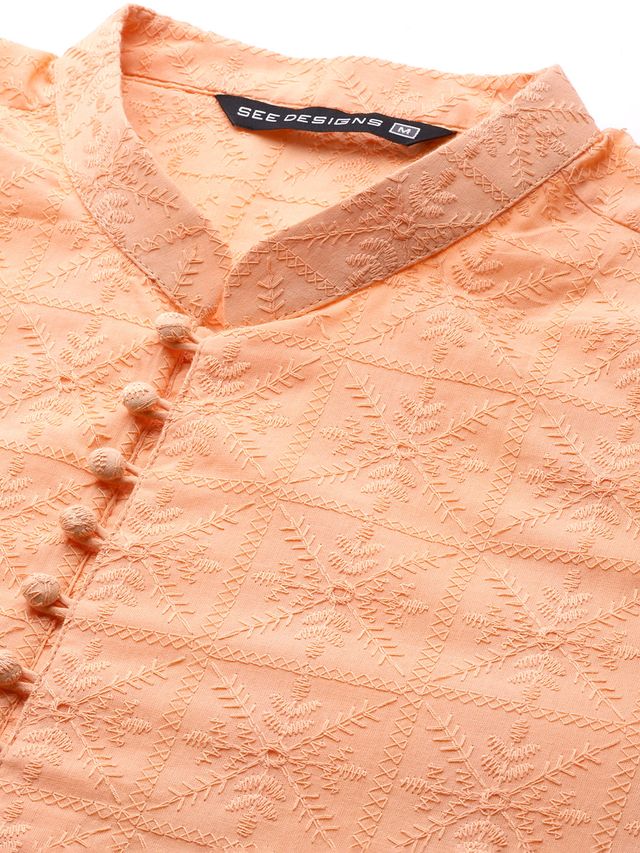 Men Peach Pure Cotton Chikankari Embroidered Straight Kurta With Pyjama