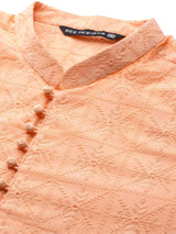 Men Peach Pure Cotton Chikankari Embroidered Straight Kurta With Pyjama