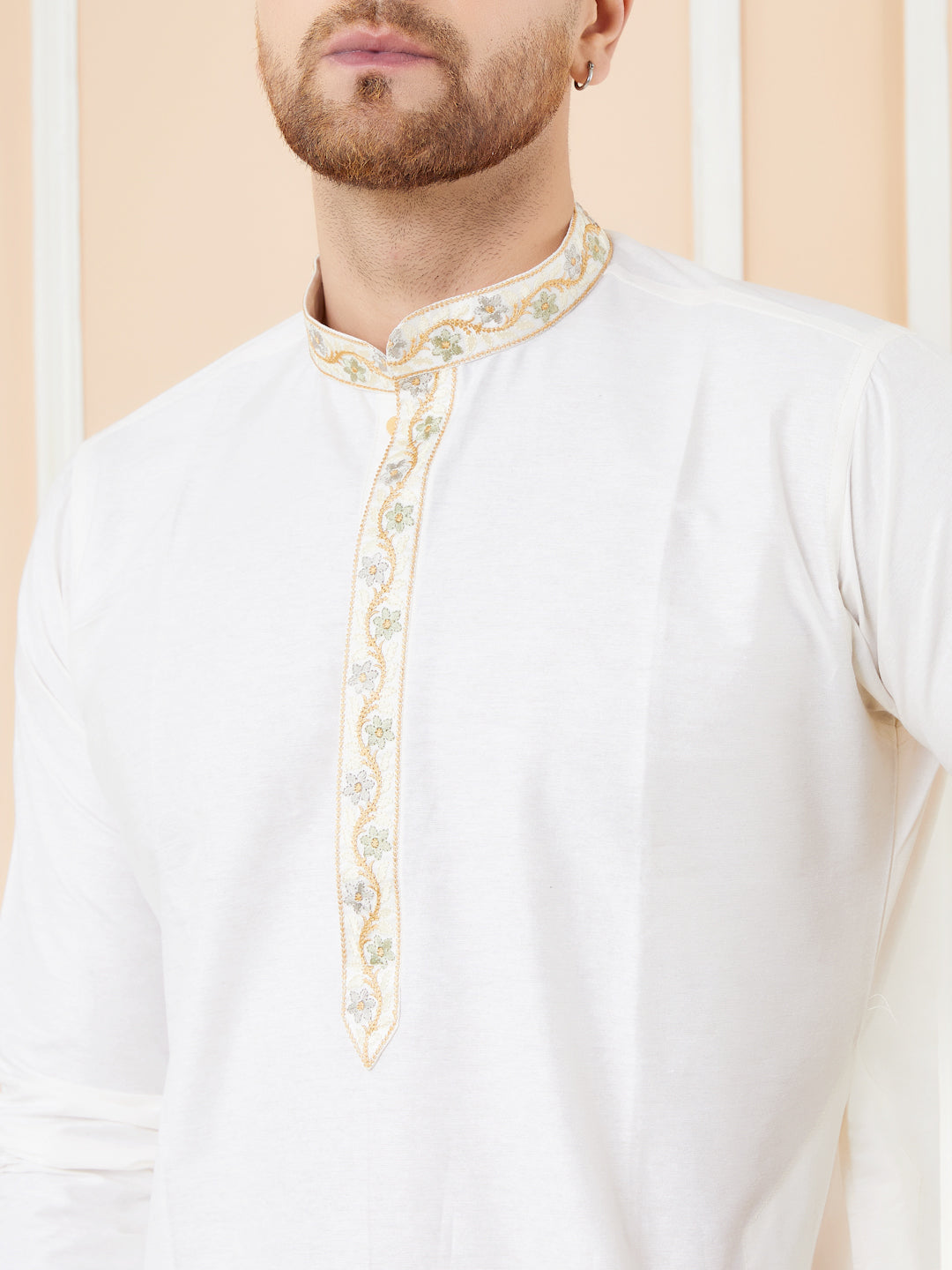 Cream Solid Cotton Emboridered Neckline Straight Kurta with Pyjama
