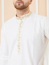 Cream Solid Cotton Emboridered Neckline Straight Kurta with Pyjama