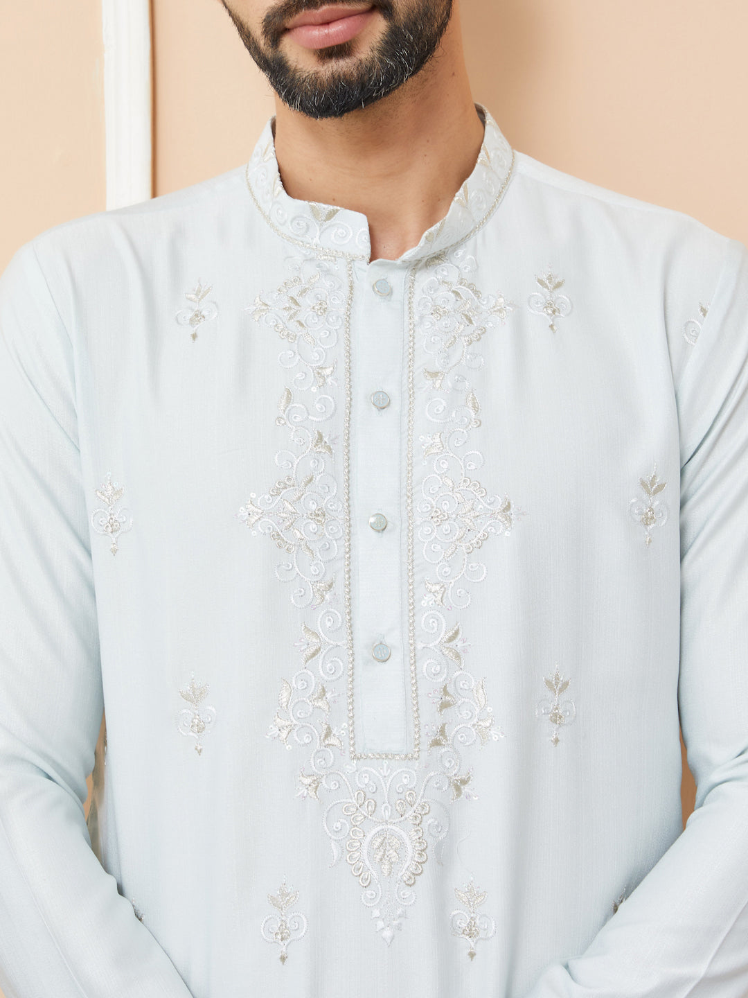 Light Blue Embroidered Zara Silk Straight Kurta with Pyjama