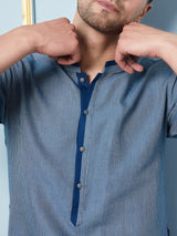 Men Blue and Weaving Design Kurta With pyjama