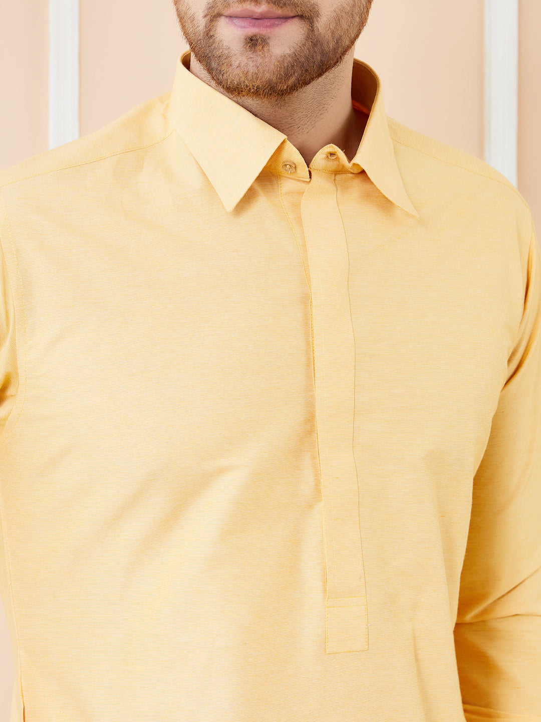 Men Yellow Cotton Solid Pathani Kurta with Pyjama