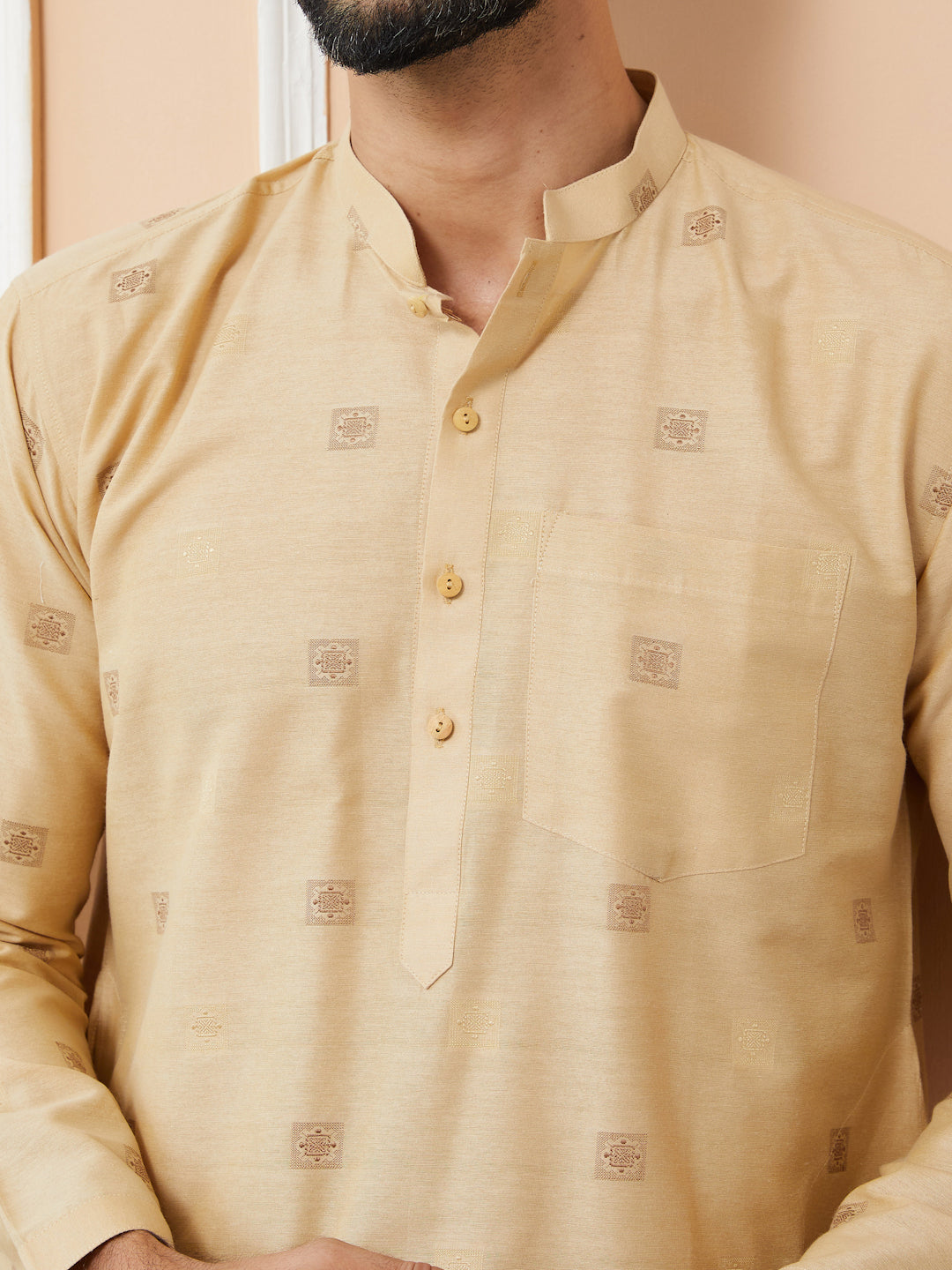 Beige Cotton Handloom Motifs Straight Kurta with Pyjama