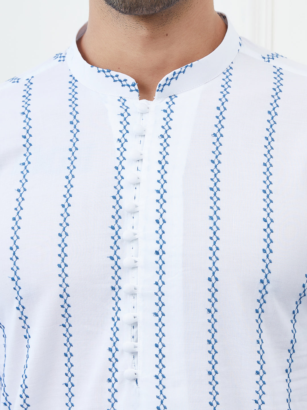 Men White And Blue Chikankari Embroidered Cotton Kurta