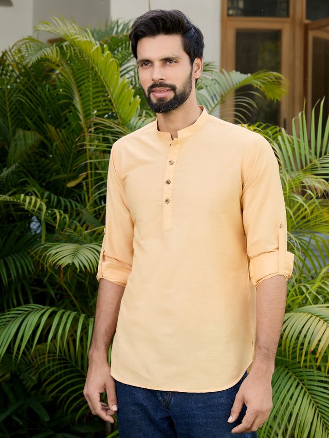 Men Pack Of 2 Pink & Peach Cotton Solid Short Kurta
