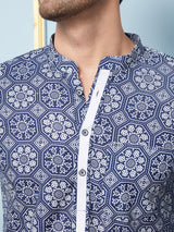 Men Blue & White Indigo Printed Cotton Short Kurta