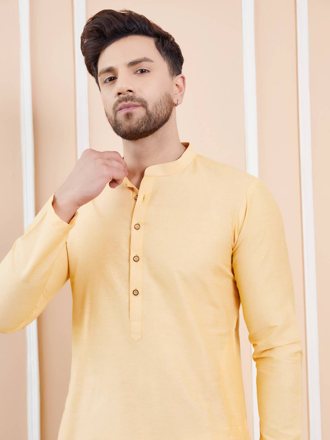 Men Beige Cotton Solid Straight Kurta