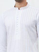 Men White Cotton Gold Thread Work & Sequinses Kurta With Pyjama