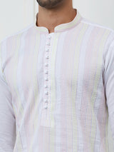 Men White Cotton Multi Thread Work Kurta With Pyjama