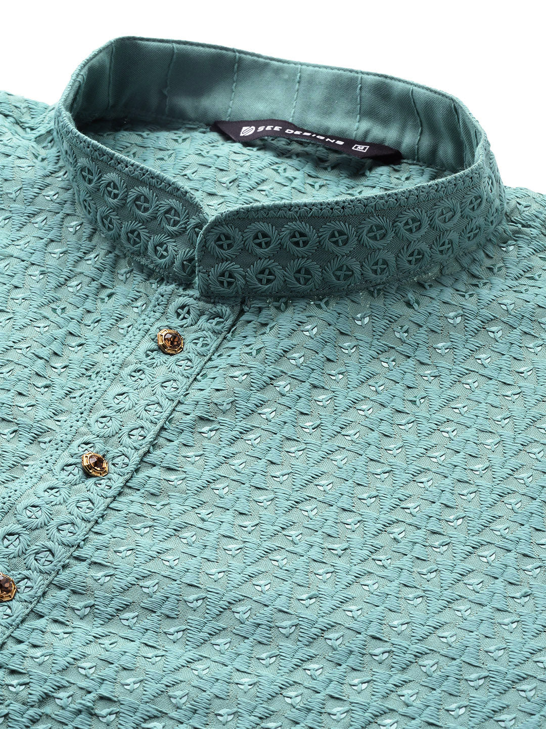 Men Turquoise Embroidered Sequin Rayon Kurta