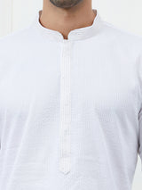 Men White Cotton Thread Work Kurta