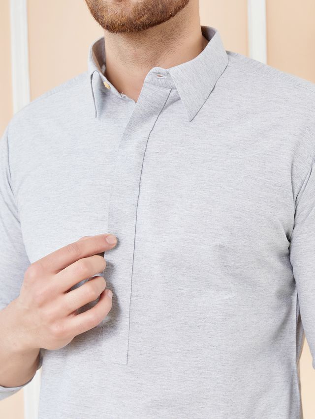 Men Grey Cotton Solid Pathani Kurta