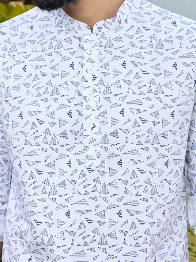 White Geometric Printed Rayon Short Kurta