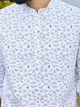 White Geometric Printed Rayon Short Kurta