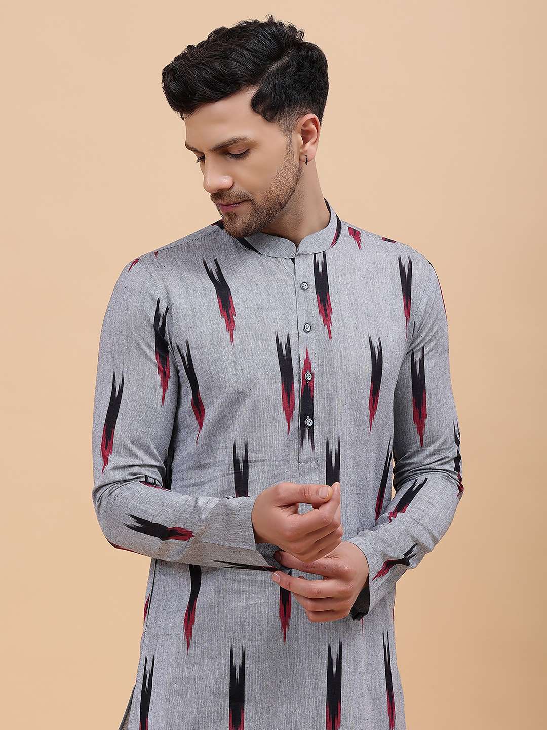 Men Grey & Black Pure Cotton Printed Straight Kurta With Pajama