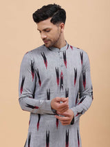 Men Grey & Black Pure Cotton Printed Straight Kurta With Pajama