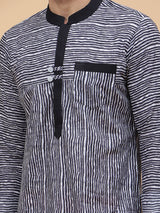 Men Black & White Pure Cotton Thread Work Straight Kurta