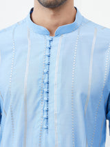Men Turquoise Blue Sequince Cotton Kurta