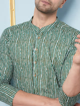 Men Green And White Printed Kurta