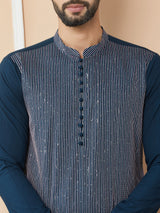 Dark Blue Thread & Sequins Worked Pure Cotton Straight Kurta with Pyjama